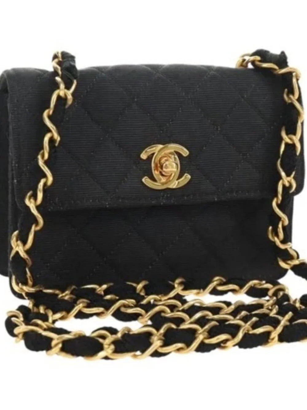 CHANEL Matelasse Chain Shoulder Pouch Canvas Black Gold CC Auth 184384V